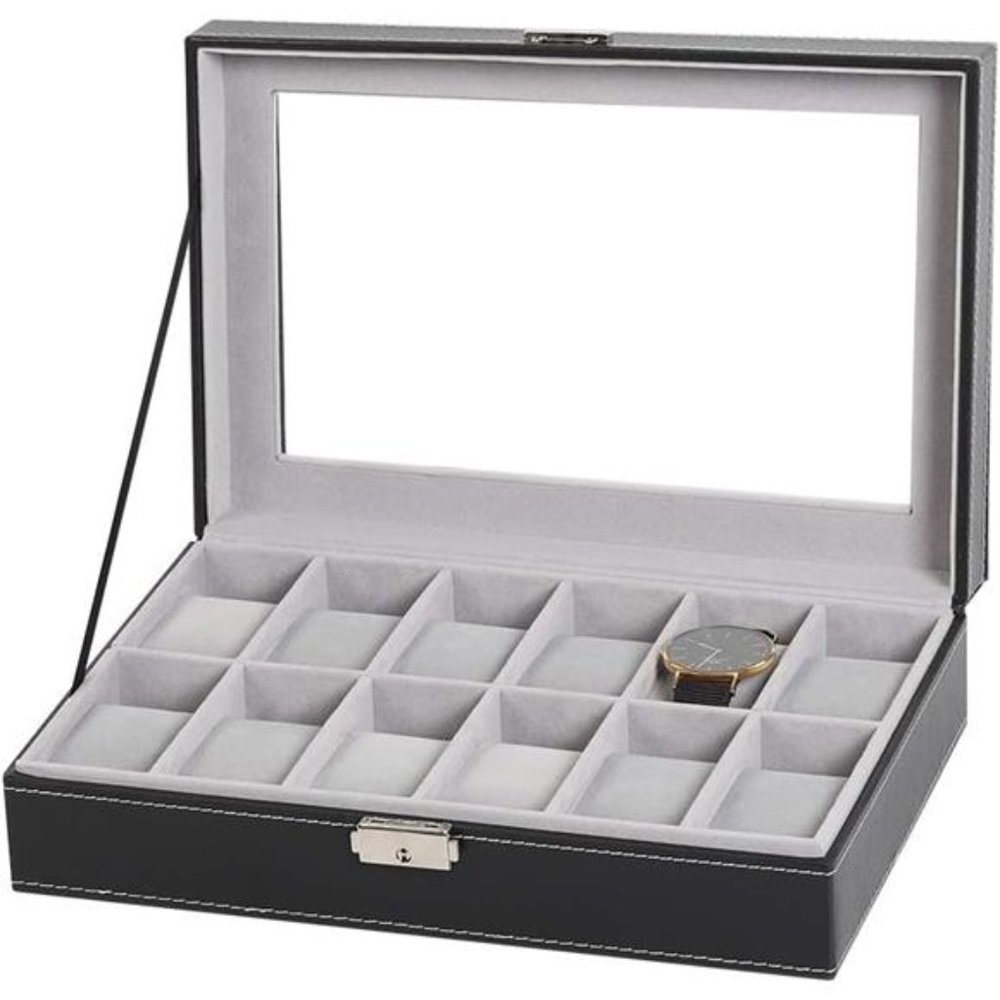 Watch Box 12 Slots Leather Watch Display Case Organizer Watch Holder, Glass Top